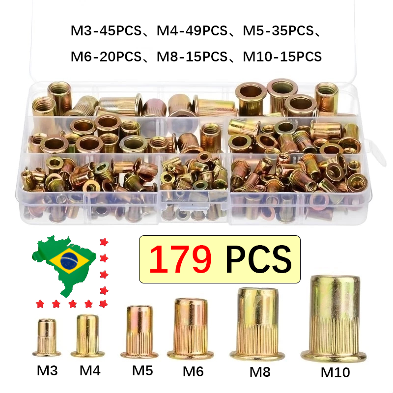 179 PCS De Rebites De Rosca M3/M4/M5/M6/M8/M10 Metal Porca De Rebite Com Cabeça Plana