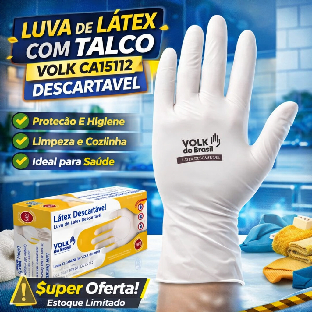 Luva de Látex com Talco Volk CA15112 Descartável Proteção Limpeza Cozinha Saúde