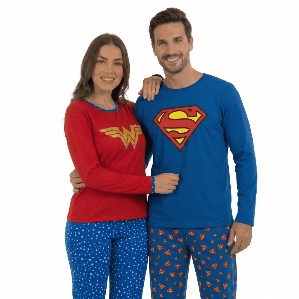 2 Pijamas Inverno Longo Adulto Casal Super Herói Batman Mulher Maravilha/ Kit 2 Pijama Casal Estampado Longo
