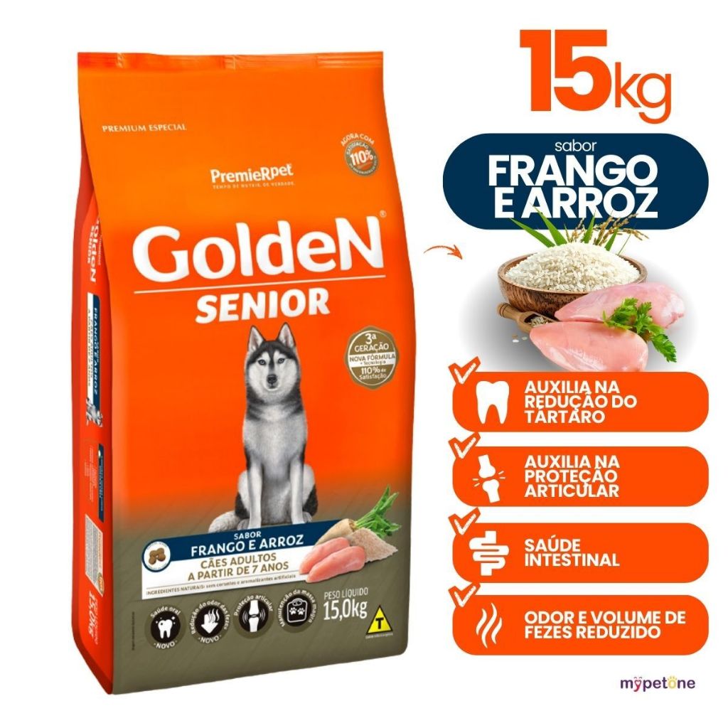 Ração Golden Cães Adultos Sênior Sabor Frango e Arroz 15kg