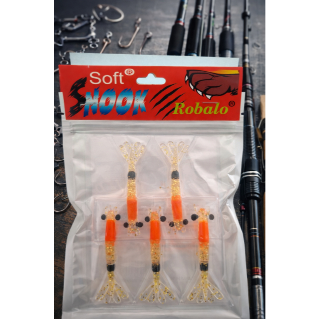 Kit 5 Iscas 8 cm Camarão Artificial Snook Robalo Chá Ovado Plastisol