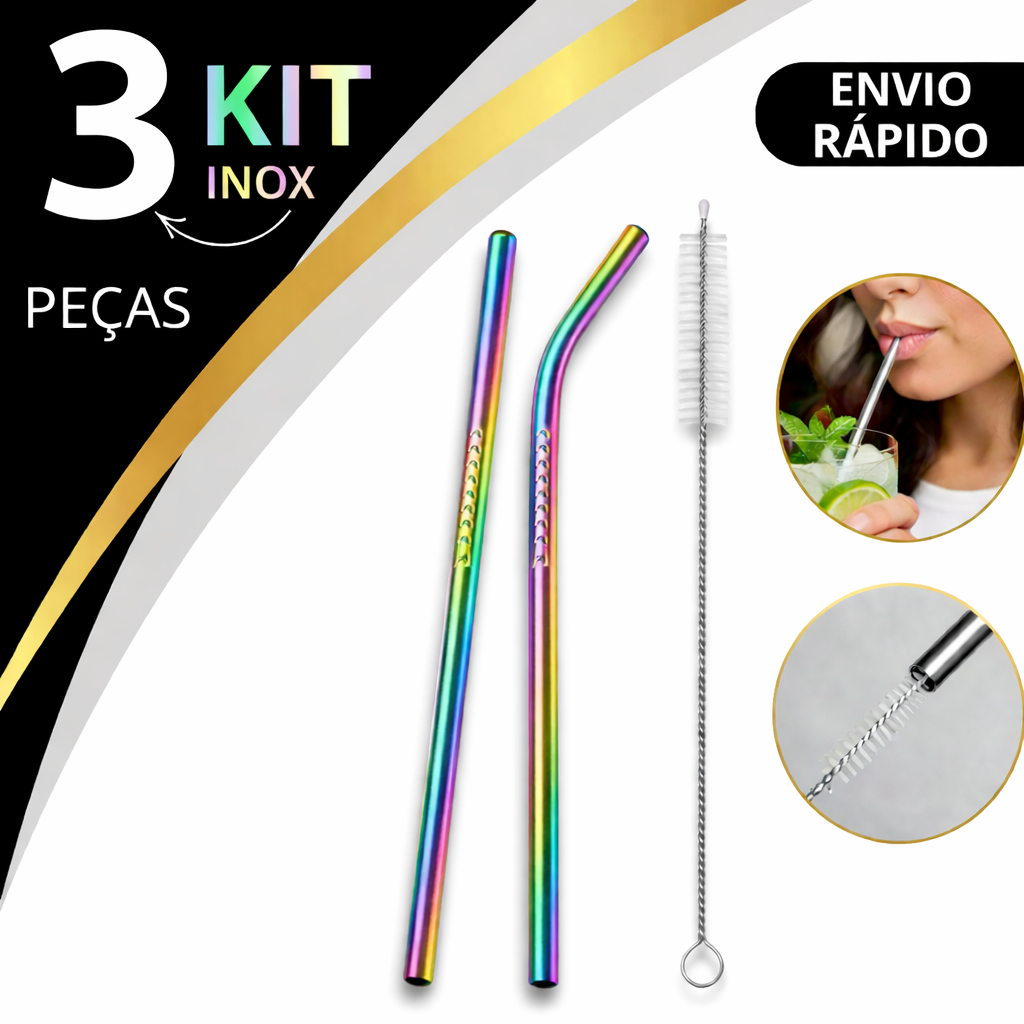 Kit 3 Peças Canudo Inox Colorido Reutilizável Ecológico Sustentável Com Escova Limpeza Lavável
