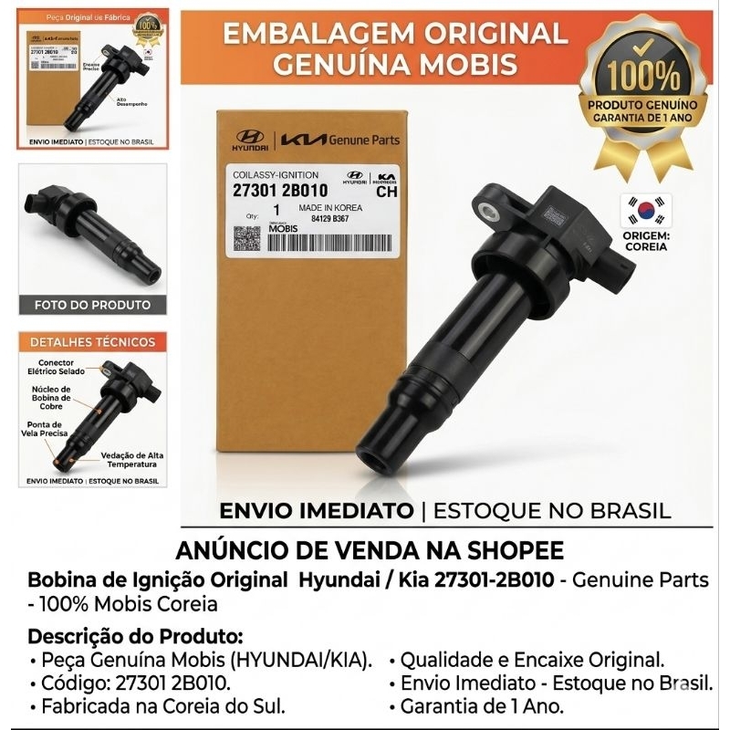 Bobina de Ignição Original Hyundai / Kia - Código 273012B010 - HB20 i30 Cerato Sou