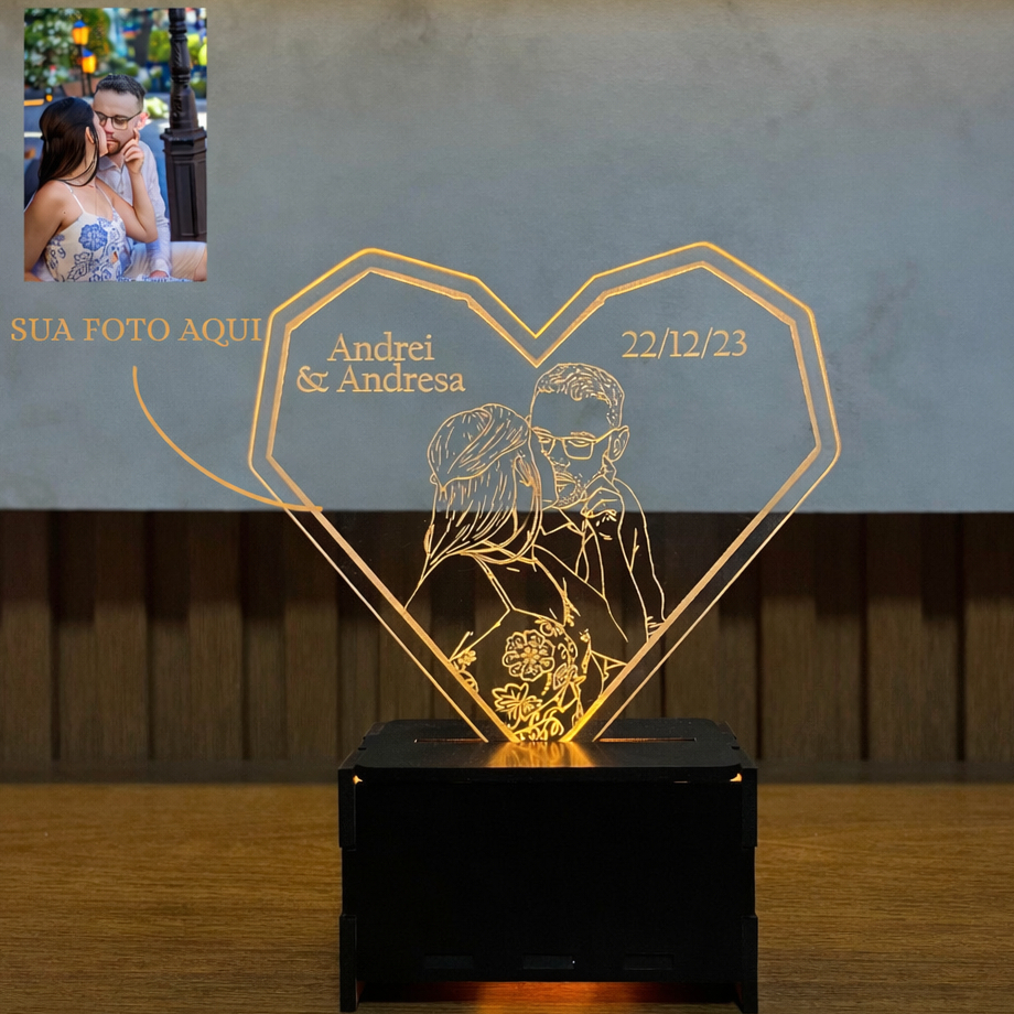 Mini abajur Luminária Personalizada com Foto – LED + Gravação a Laser | Presente Romântico Exclusivo