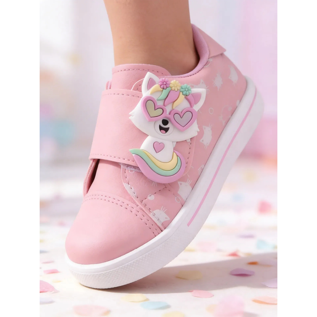 Tênis Infantil Rosa Calce Fácil Enfeite Gatinha Elegante Lançamento
