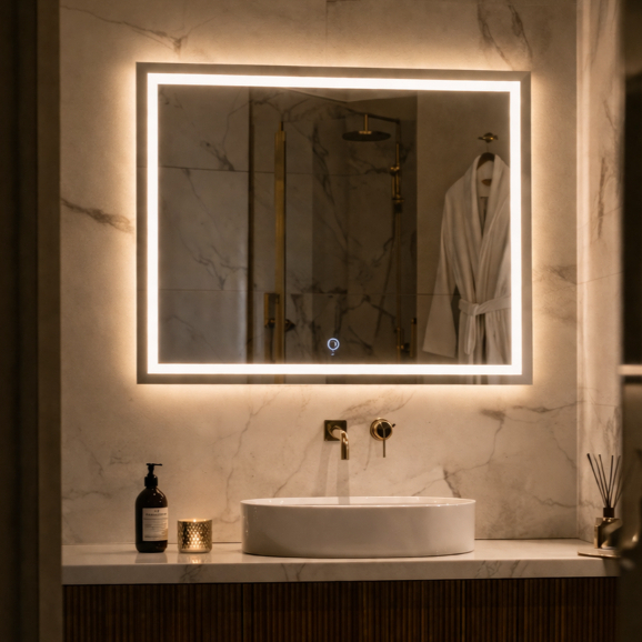 Espelho Quadrado LED 50×50 Touch 3 Cores Jateado Lapidado Banheiro Decorativo