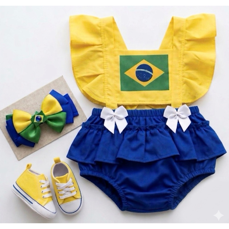 Kit Roupa Bebê Brasil Copa | Romper Verde Amarelo + Laço + Tênis | Menina