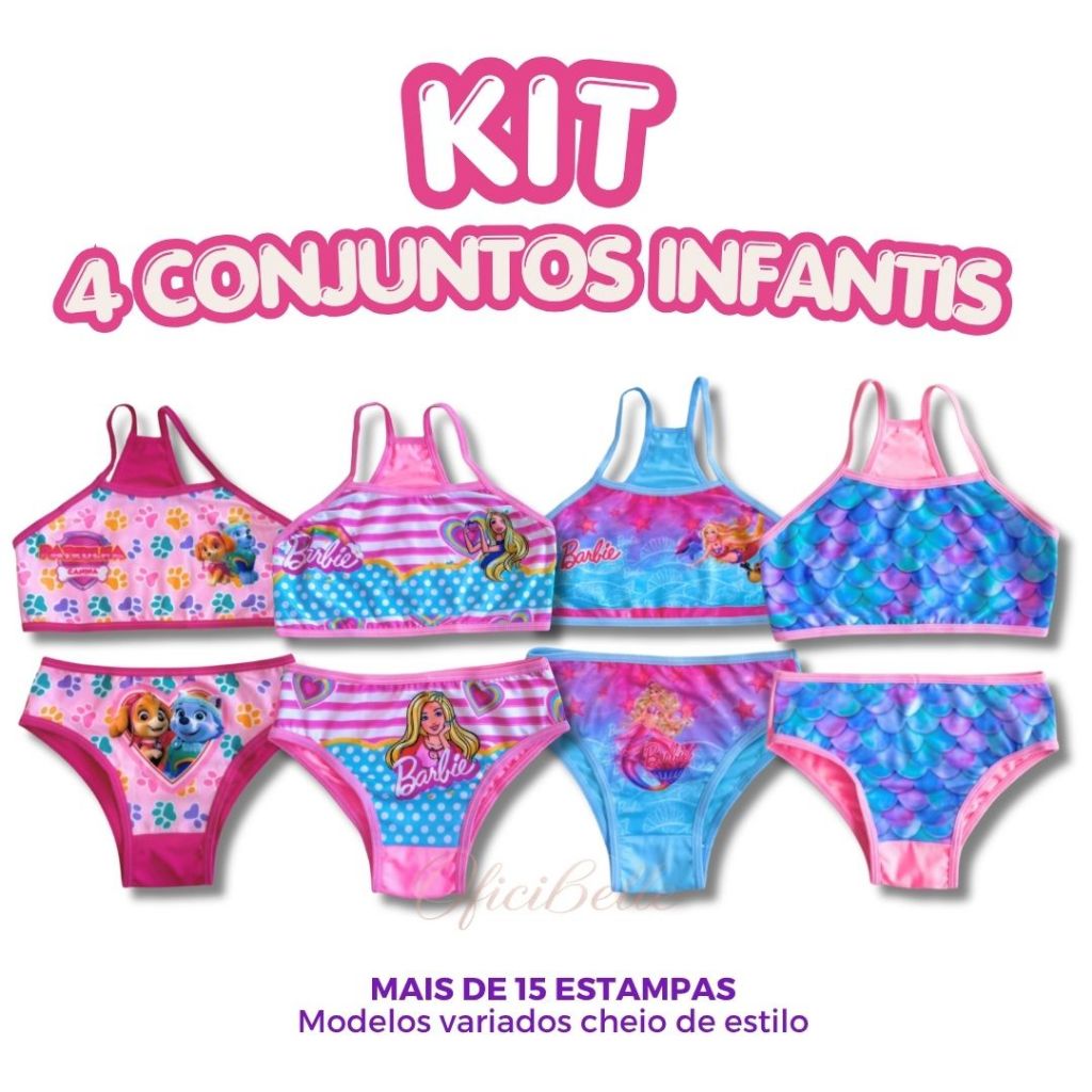 KIT 4 Conjunto Feminino Biquíni Infantil Sublimado Estampado Verão Calcinha e Top Nadador Praia