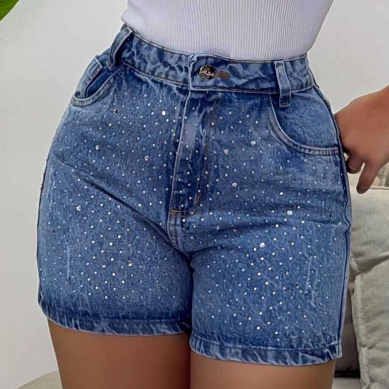 Short jeans feminino com brilho sem lycra, 100% (nao estica), cintura alta, duas cores — imagem 1