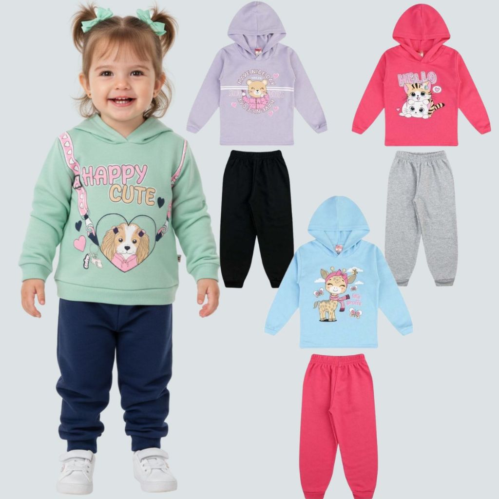 Kit 2 Conjuntos Moletom Infantil Menina Feminino Barato 04 peças Inverno Quentinho Confortável Frio