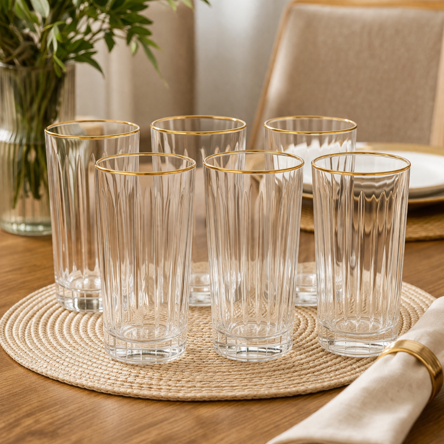 Jogo 6 Copos Altos Com Borda Dourada Em Vidro 370ml Bebidas