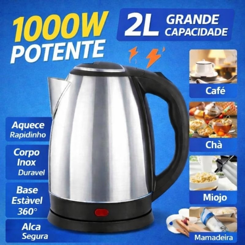 Chaleira Elétrica Inox 2L – Desligamento Automático, Aquecimento Rápido, Segura e Durável