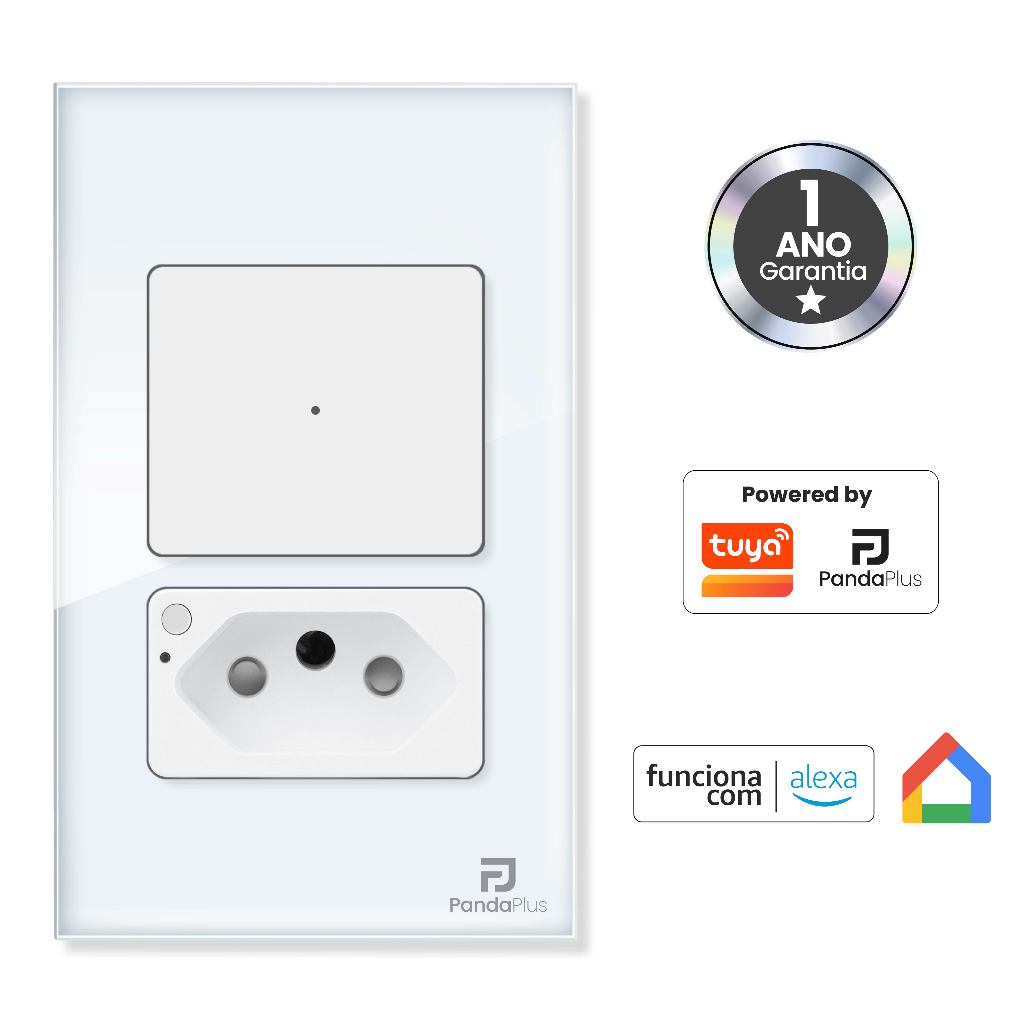 Interruptor com Tomada Inteligente 20A 1, 2 E 3 Botões Smart Wifi App Alexa Tuya Google Home Panda Plus
