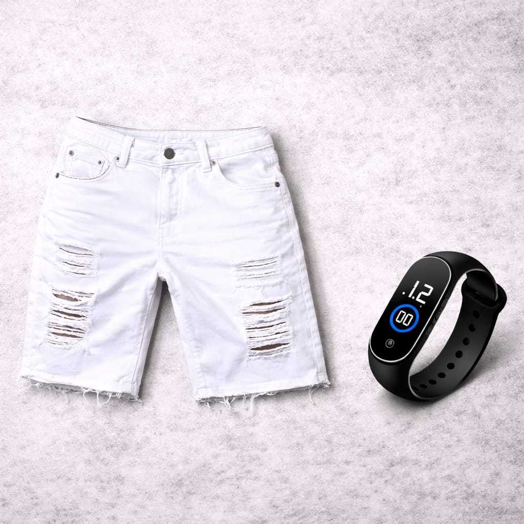 Bermuda Jeans Masculina Rasgada Modelo Jogador Premium Branca + Relógio Esportivo M4 Led