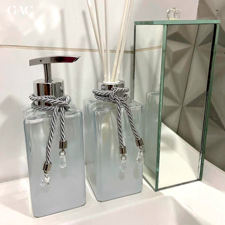 Kit Lavabo Luxo Peças Vidro e Prata Vidro Difusor Sabonete Porta Escova Porta Joias Bandeja Decoração