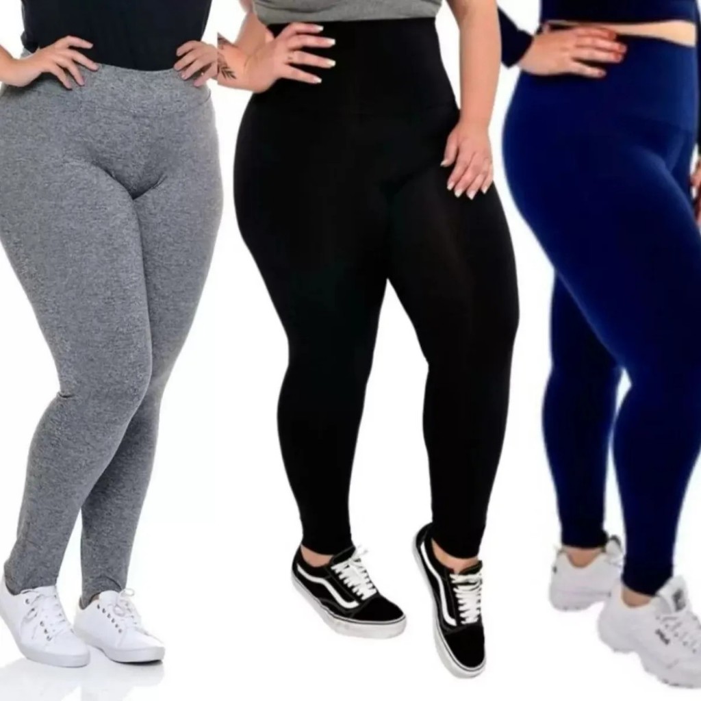 Kit 3 Calças Legging Plus Size Academia Costura Reforçada