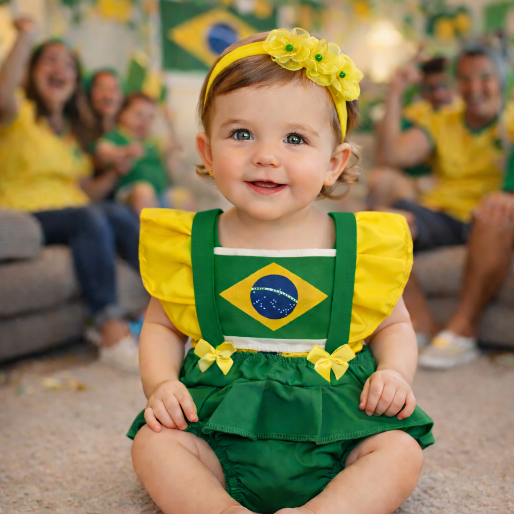 Roupa Infantil Bebê Brasil Verde e Amarelo | Jardineira Torcida Copa + Faixinha Laço