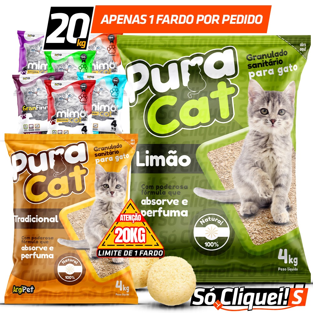 Kit Fardo 5 Areia 20KG Higiênica Sanitária Granulado Extra Finos Forma Torrões Firmes e Perfumados Argipet Mimo Cat