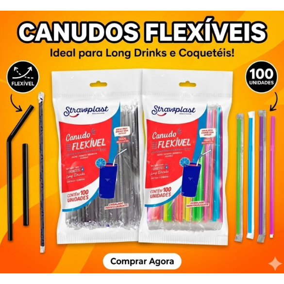 Canudo Flexível com Sachê Individual 100~500 Unidades Colorido Preto