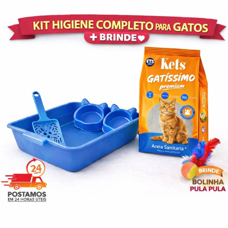Kit Caixa de Areia para Gatos + Comedouros + Pá + Areia Sanitária 4 kg para Gatos 🐱🐕 l Bandeja Sanitária