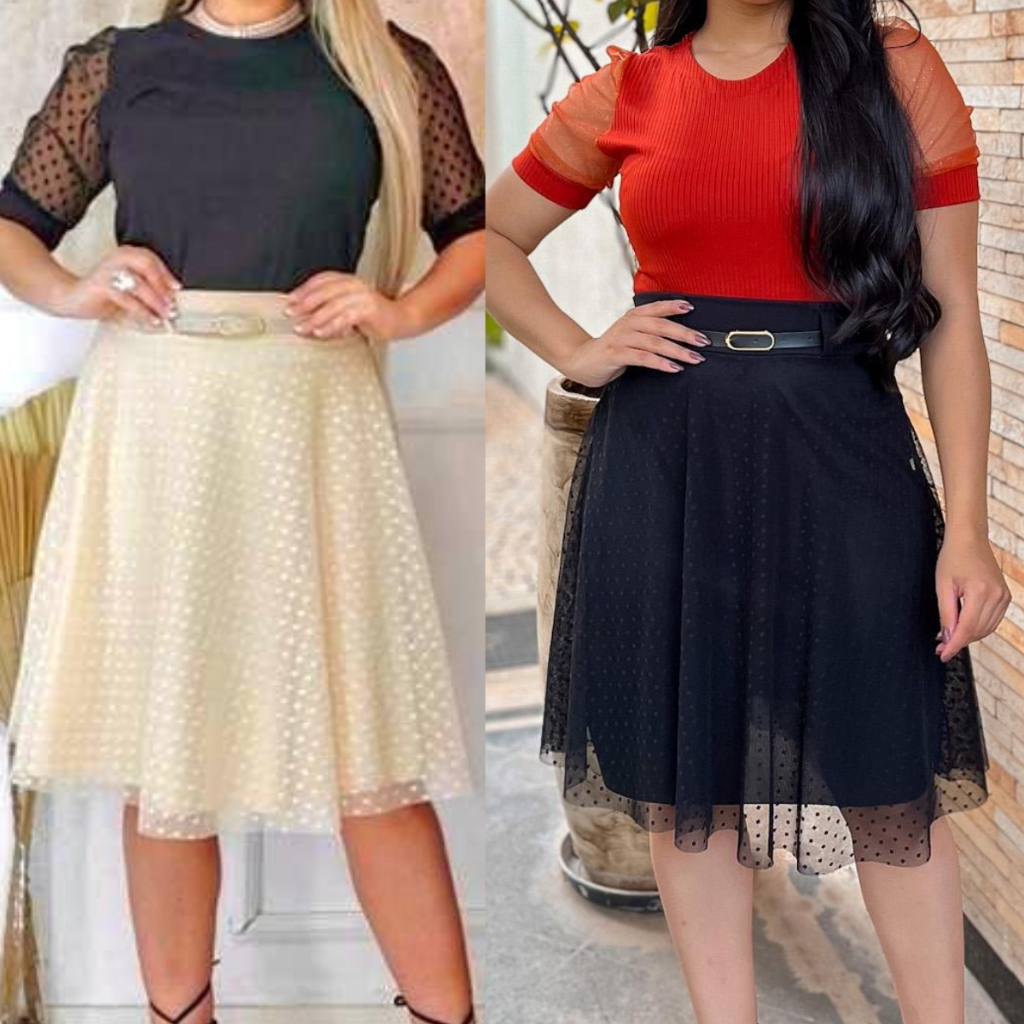 Saia Tule Poá Premium Moda Evangélica Fashion Lisa Forrada Com Cinto