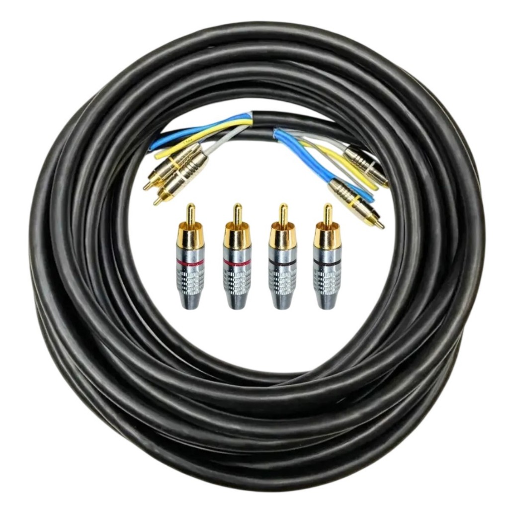Cabo Rack RCA 5 Vias 15 Metros 100% Cobre Som Automotivo Trio Paredão + 4 Conectores RCA