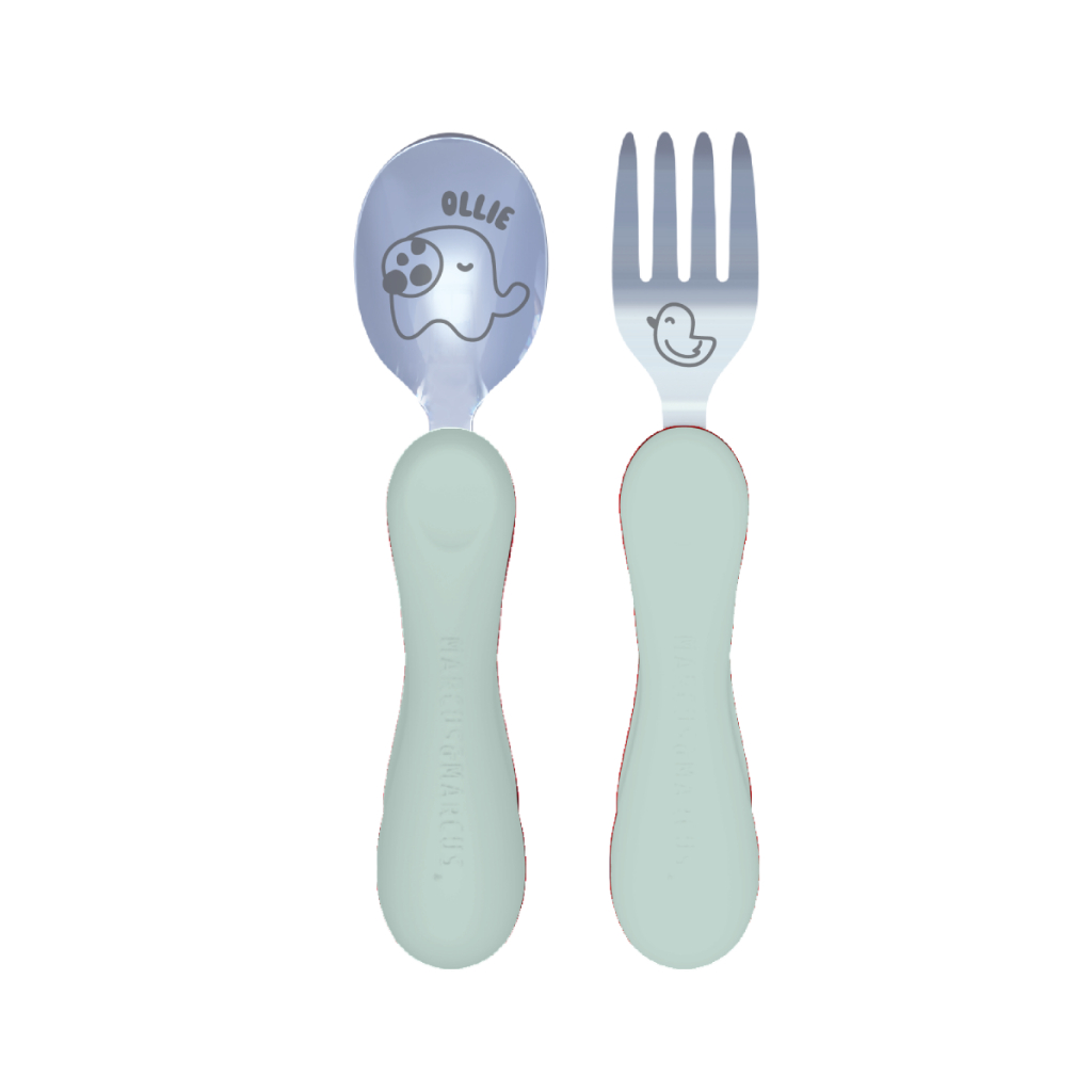 JOGO ANATÔMICO COLHER E GARFO EM SILICONE E INOX 2 PEÇAS ELEFANTE OLLIE VERDE MENTA - COM CASE