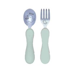 JOGO ANATÔMICO COLHER E GARFO EM SILICONE E INOX 2 PEÇAS ELEFANTE OLLIE VERDE MENTA - COM CASE