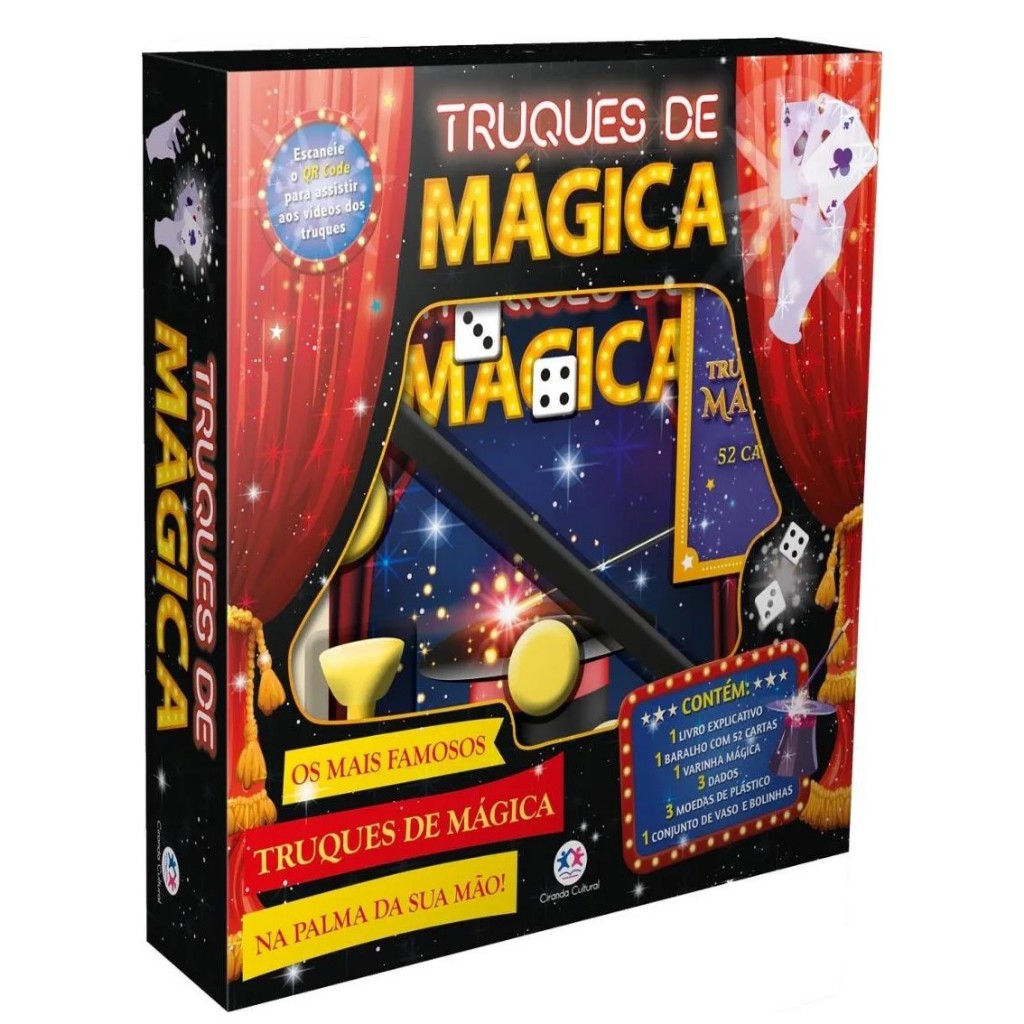 Livro com Kit de Mágica: 3 Dados + Baralho + Varinha+ Moedas de Plástico e conjunto de Vasos e Bolinhas
