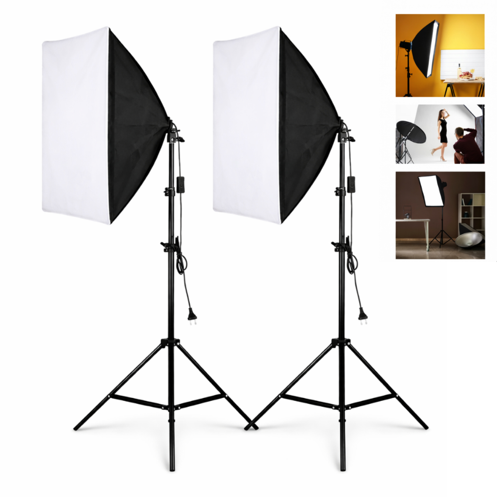 Kit Softbox 50x70cm Luz Contínua + Tripé 2M Iluminação Bivolt Soquete E27 para Estúdio, Fotografia