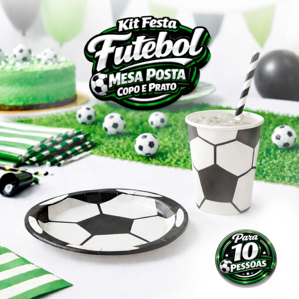Kit Festa Futebol Mesa Posta Com Copo E Prato Para 10 Pessoas Silver Festas em Oferta na Shopee