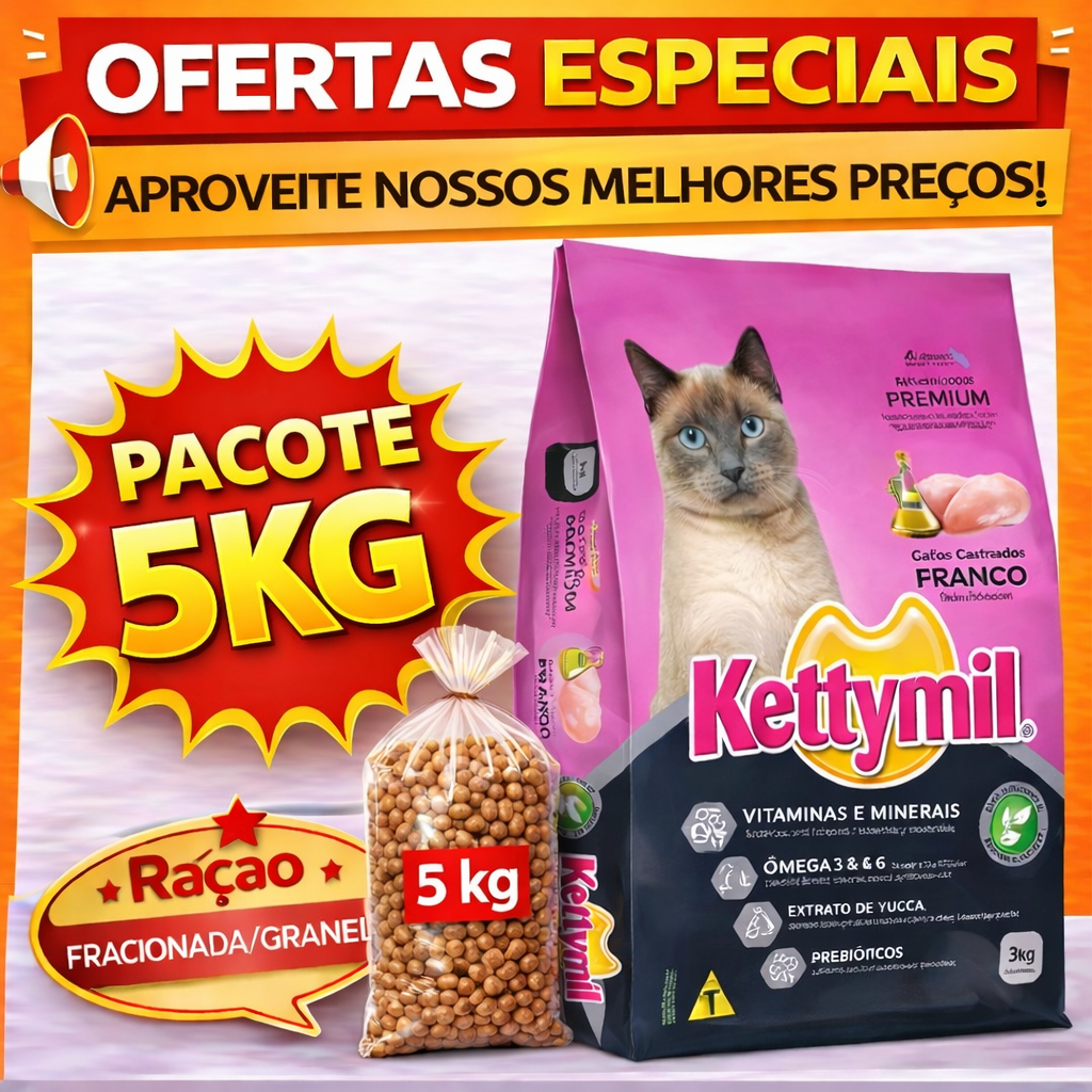 Ração Premium Kettymil Gatos Castrados Frango e Variação Salmão Granel 5 kilos 3 kilos 1 kilo
