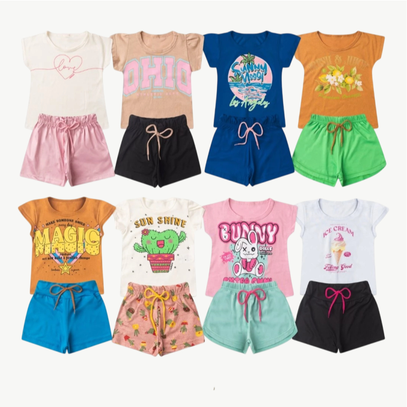 Kit 3 Conjuntos 6 Peças Verão Infantil Menina Algodão Premium Blusa E Shorts Cores E Estampas Variadas Confortável