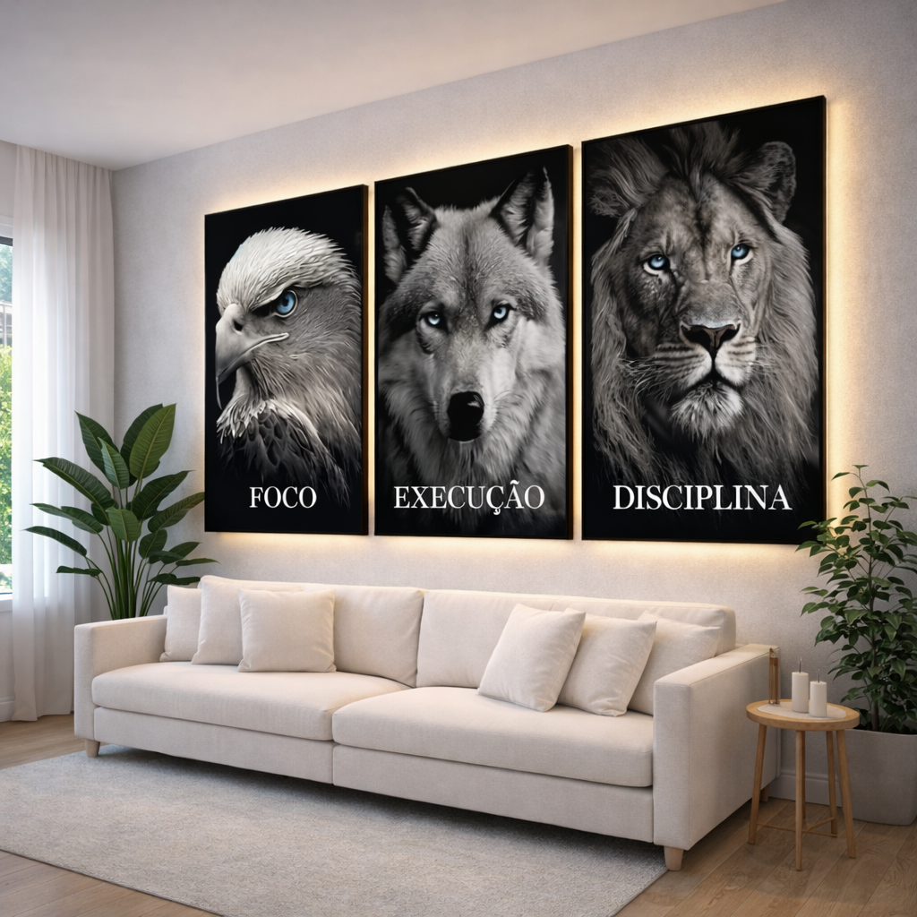 Quadro Decorativo 3 Peças Leão Águia Lobo Disciplina Motivacionais Sala Quarto