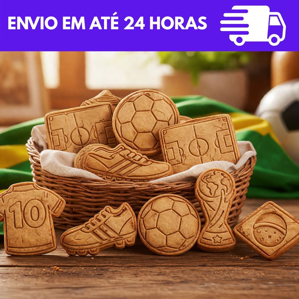 Kit 6 Cortadores Copa do Mundo 2026 Futebol | Cortador + Marcador Biscoito | Pasta Americana