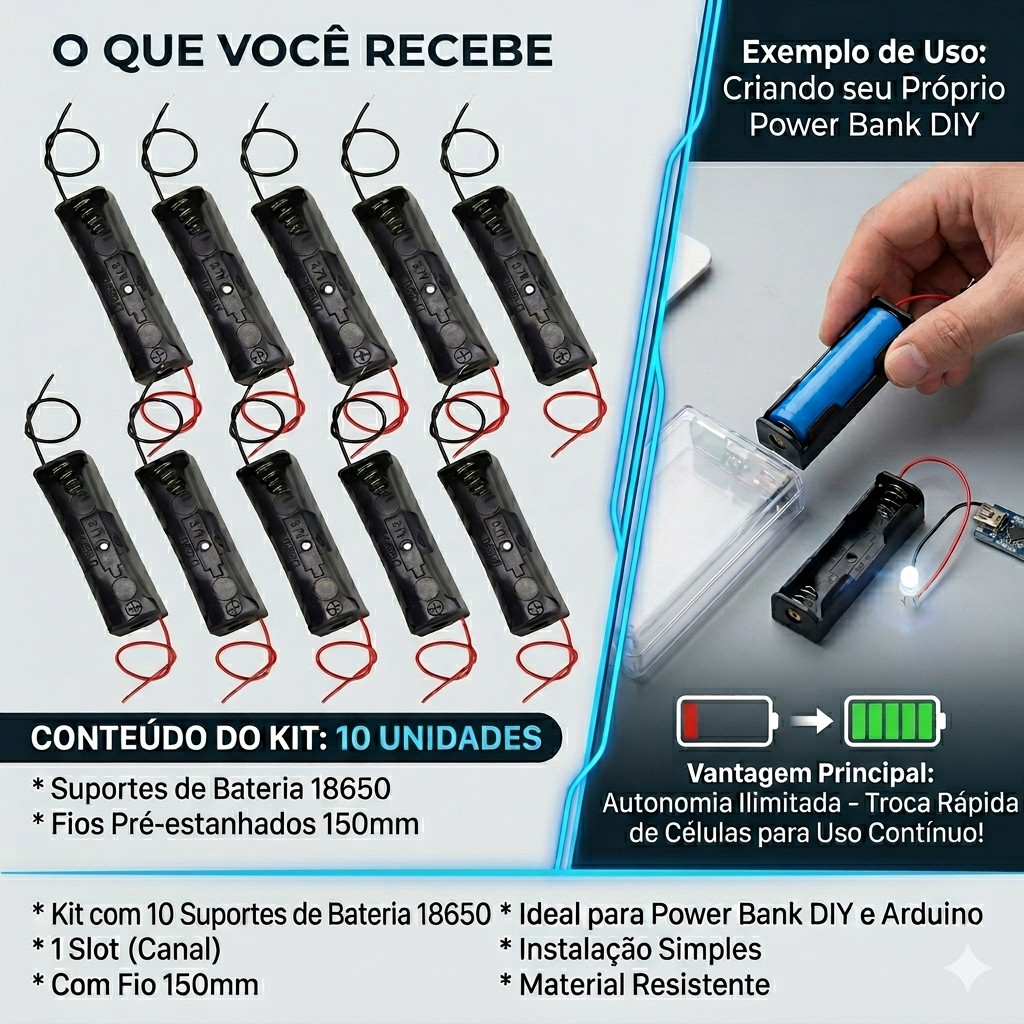 Kit 10 Suporte Bateria 18650 1 Slot Com Fio 150mm Case Porta Pilha Power Bank Arduino DIY