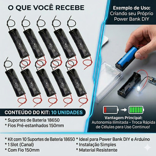 Kit 10 Suporte Bateria 18650 1 Slot Com Fio 150mm Case Porta Pilha Power Bank Arduino DIY