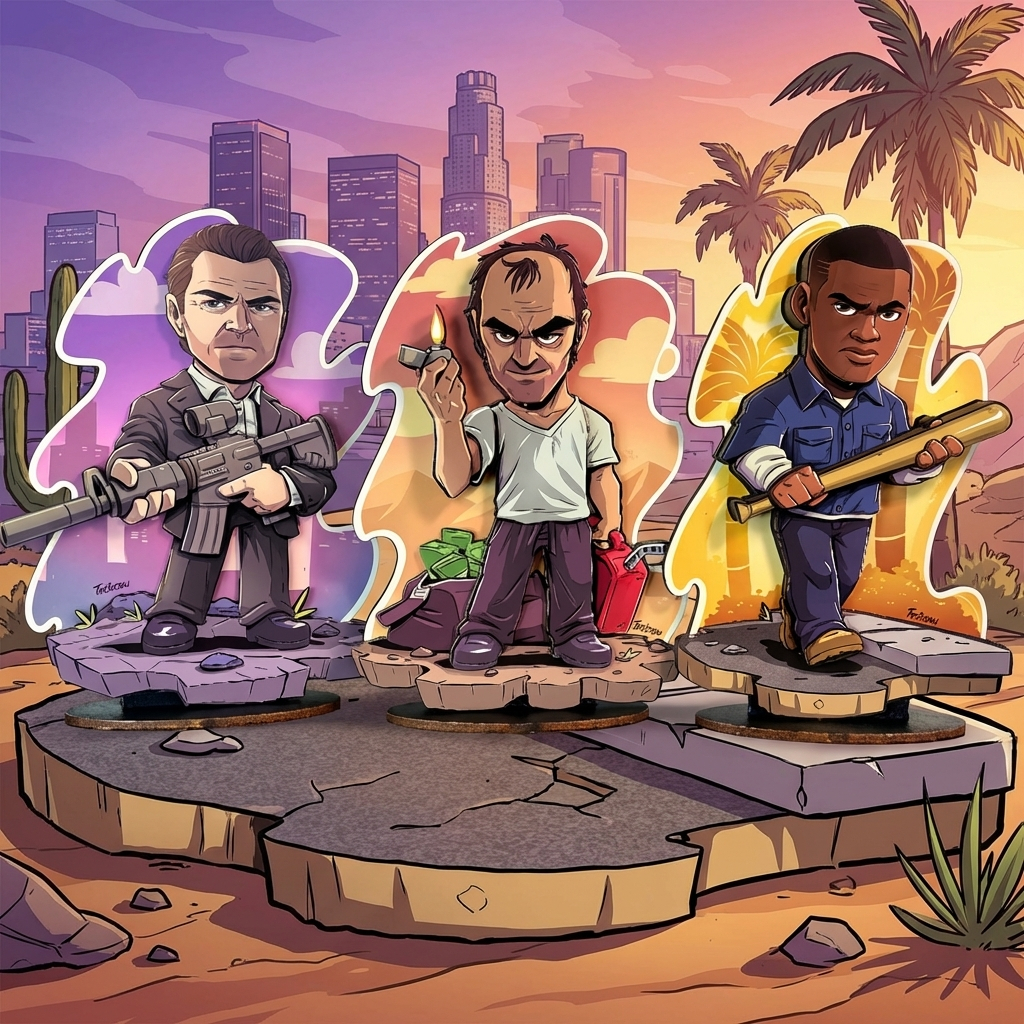 Miniatura GTA 5 Trio Michael Trevor Franklin MDF 2,5D Grand Theft Auto Geek