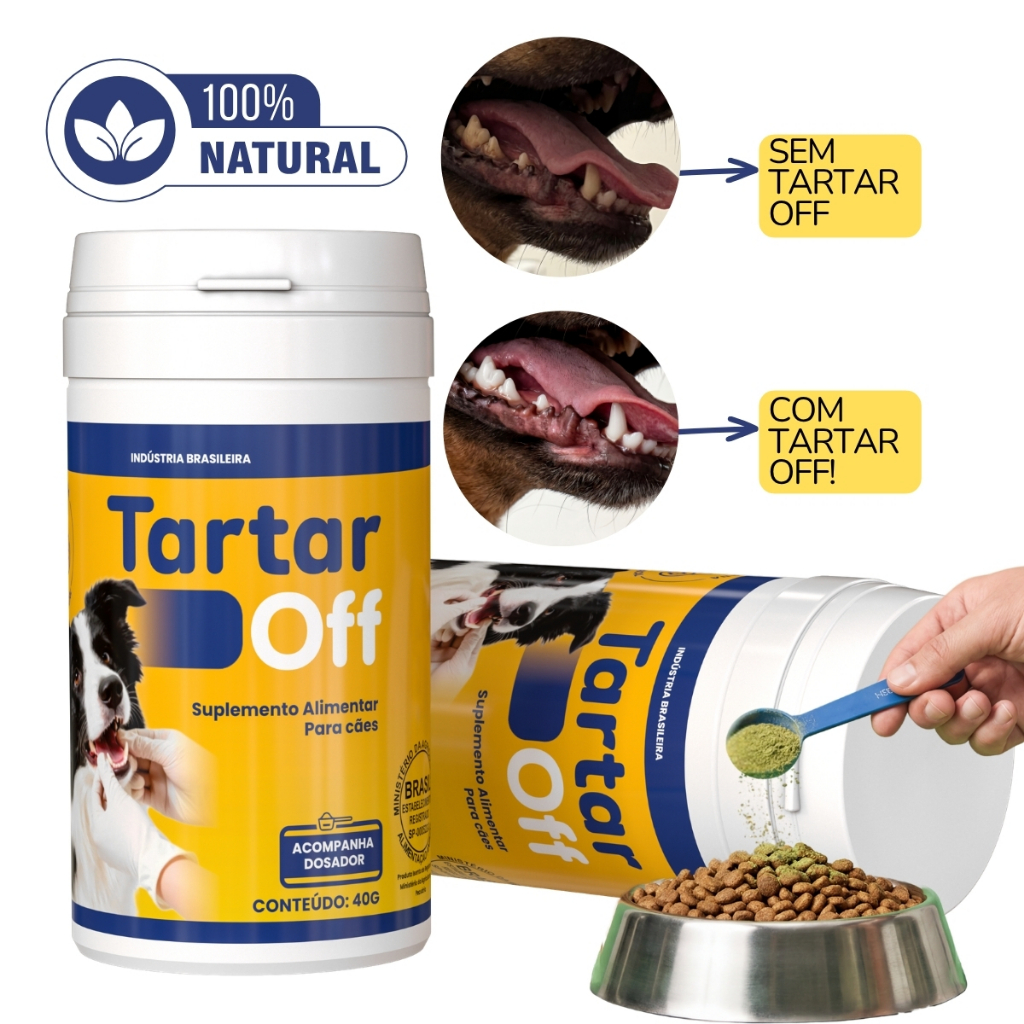 Tartar Off Removedor de Tártaro Placas Mau Hálito Fim do Bafinho Pets Cães e Gatos 100% natural 40g