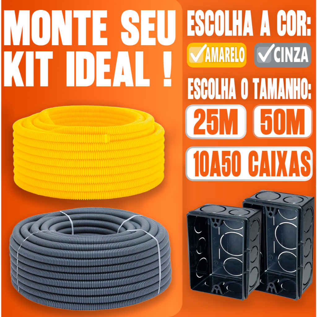 Conduite Corrugado 3/4 25 á 50 Metros 10 á 50 Caixas 4x2 Rolo Reforçado Eletroduto Flexível PVC