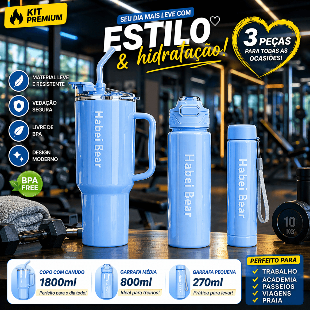 Kit Garrafa + Copo 3 em 1 1800ml 800ml 270ml Com Canudo Academia Praia Viagem BPA Free
