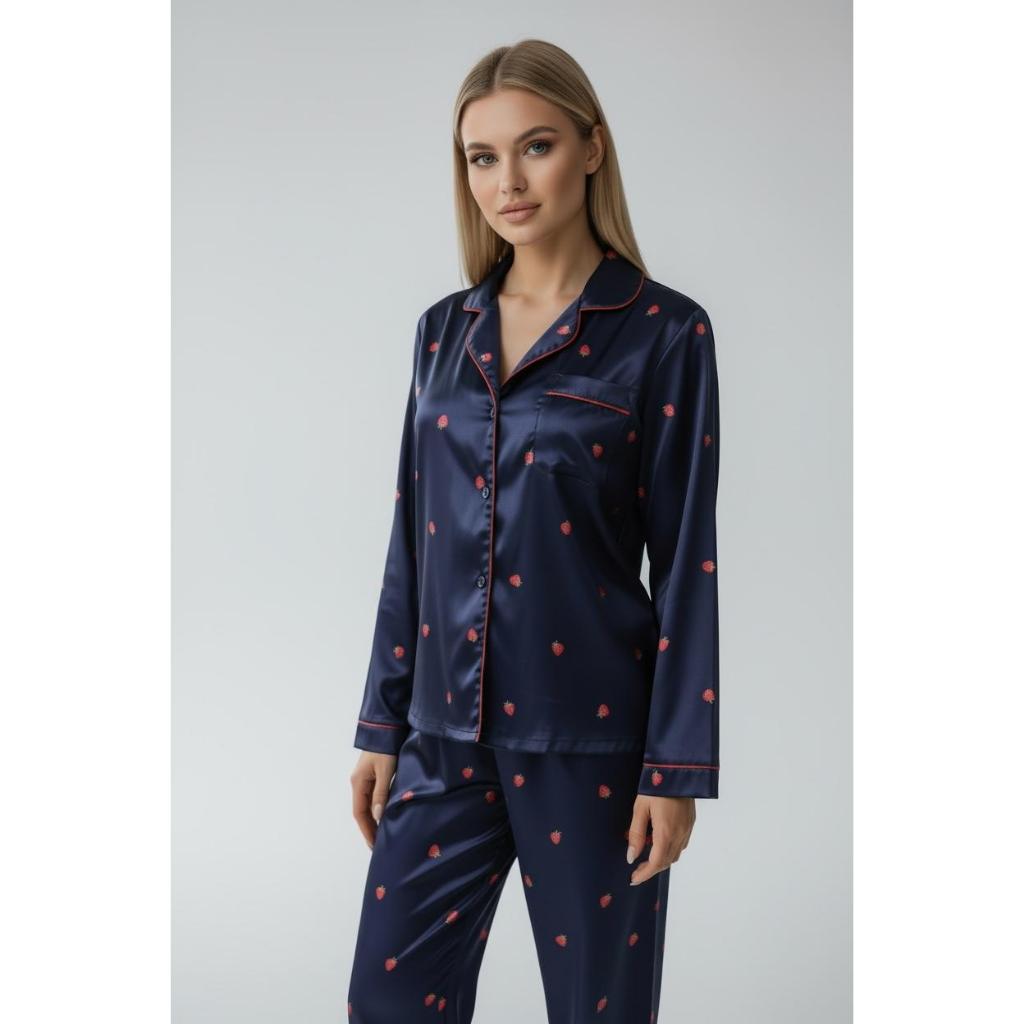 Pijama Manga Longa Azul Marinho com Moranguinhos Cetim Premium, Pijama Americano, Conjunto, amamentação, Pós cirúrgico.
