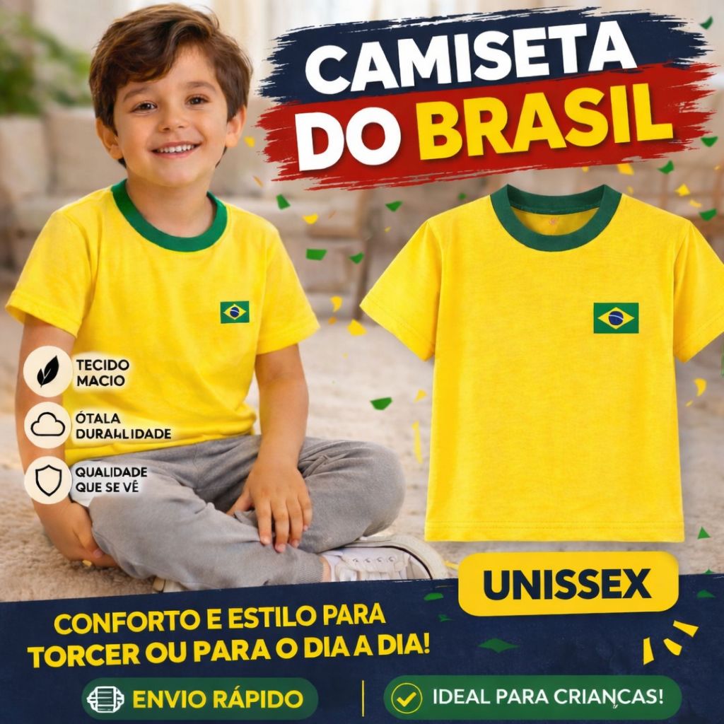 Camiseta blusa Infantil Juvenil Com Bandeira do Brasil