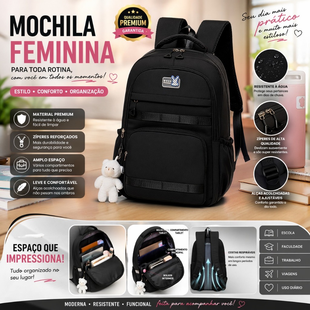 Mochila Feminina Escolar Impermeável Grande Bolsa Feminina Faculdade Trabalho Moda Premium