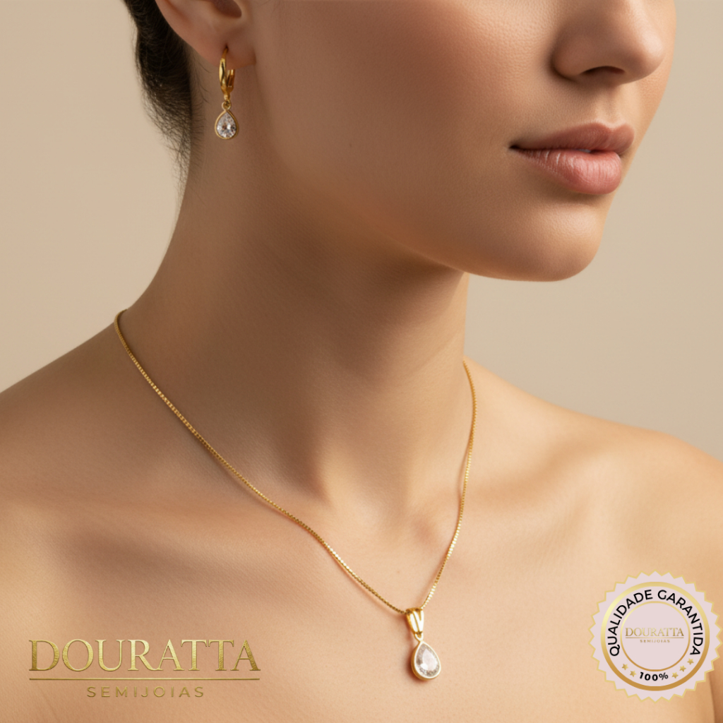 Conjunto Gota Zircônia – Veneziana 50cm e Brinco – Ouro 18K ou Prata 950 - Douratta Semi Joia