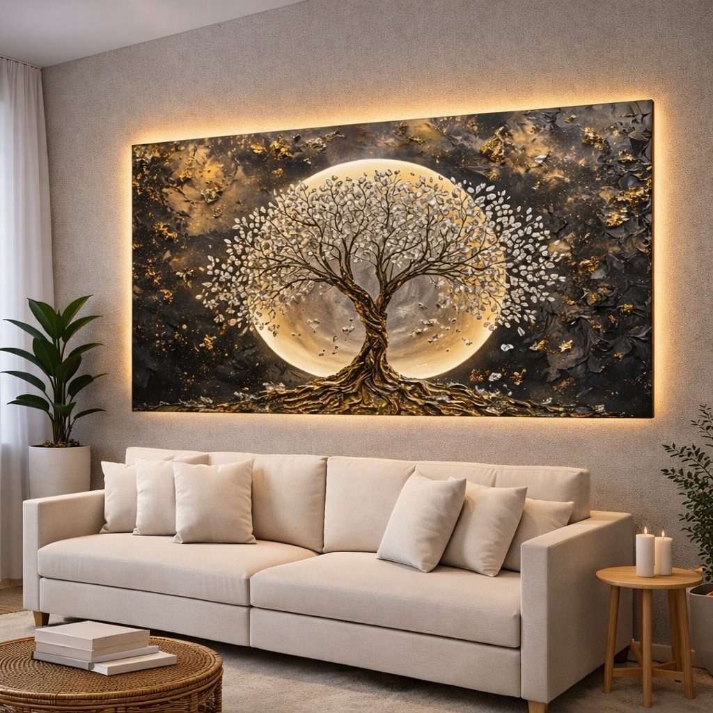 Quadro Decorativo 112X82 Full HD Lua Dourada Árvore Branca Paisagem Luxo Sala Quarto