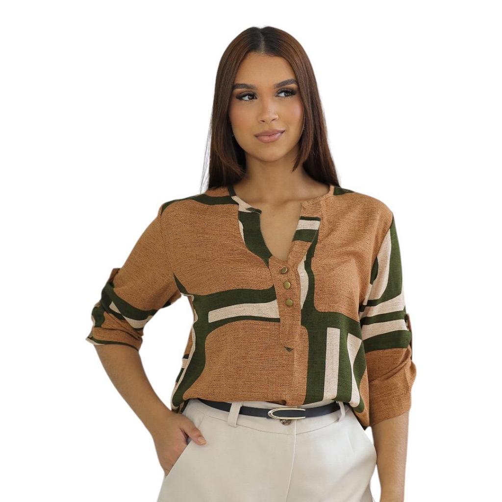 Camisa Social Feminina manga 3/4 Estampada