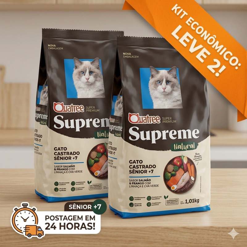 KIT 2x Ração Gato Castrado Sênior +7 Quatree Supreme Natural 1,01kg | Salmão Frango Premium Original