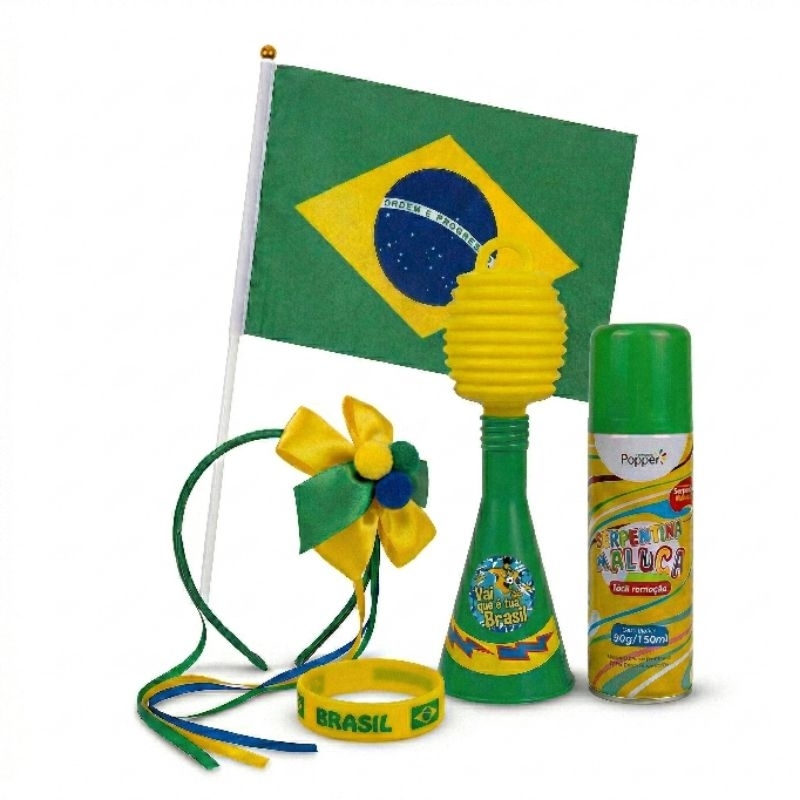 Kit Futebol Torcida Copa do Mundo Brasil com Buzinão + Serpentina + Tiara + Bandeira + Pulseira