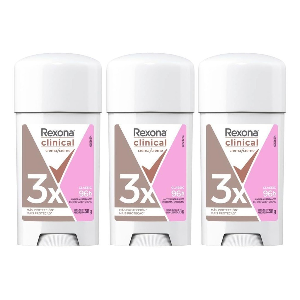 Kit 03 Desodorante Antitranspirante Creme Rexona Classic Masculino 96h 3x mais Proteção 58g Original